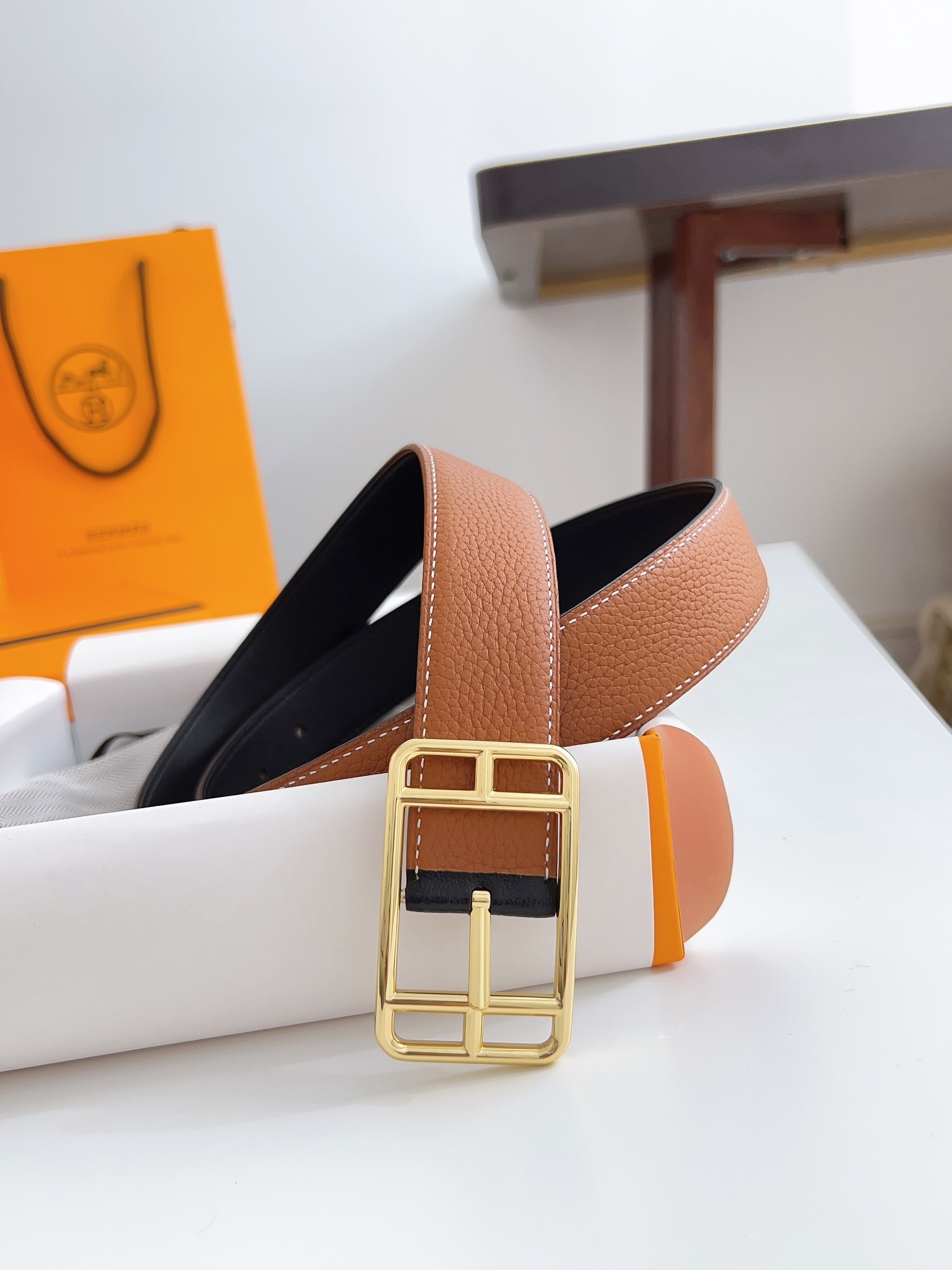 Luxury Brown Leather Belt with Gold Buckle - Premium Accessory