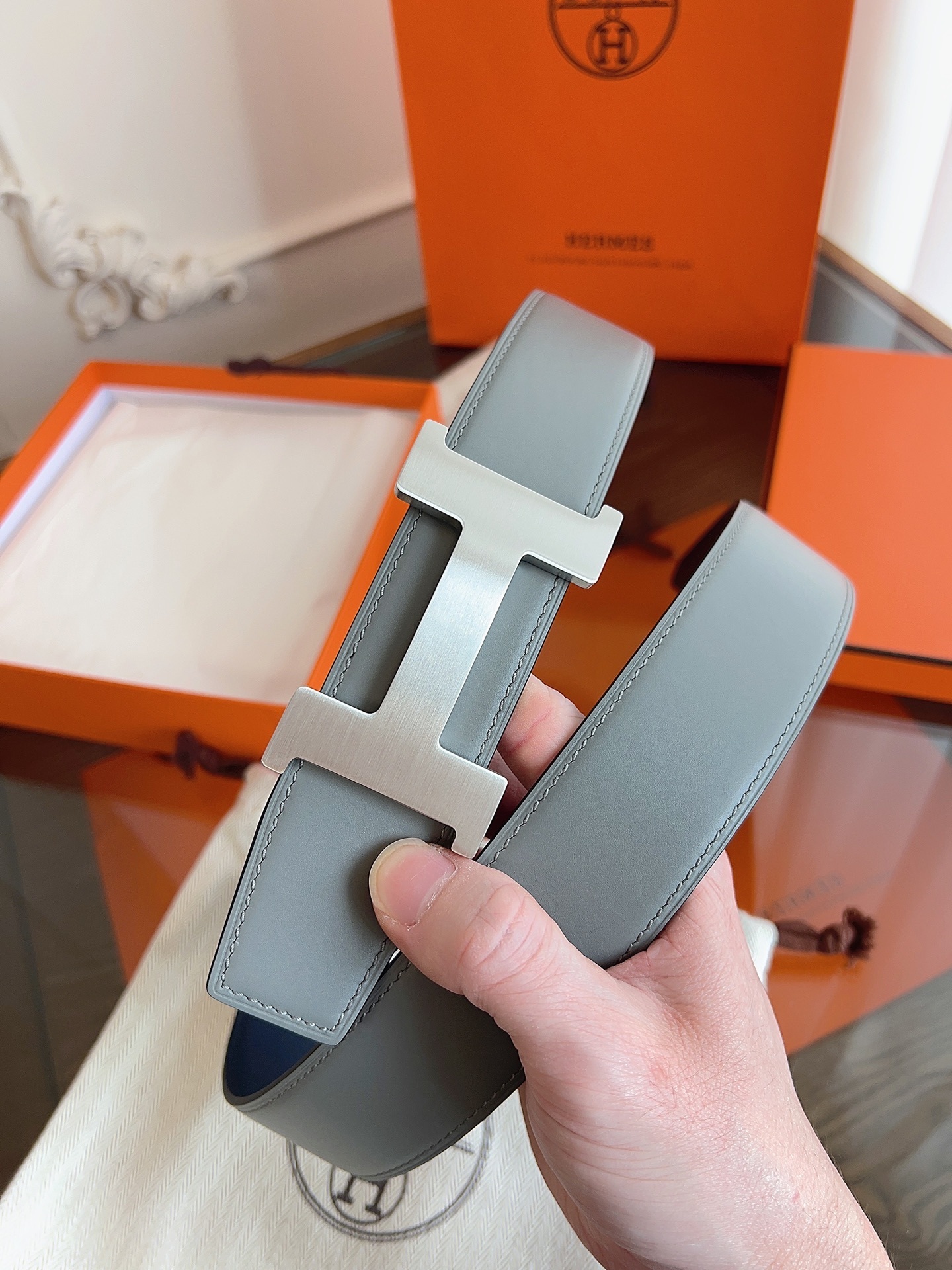 Hermès H Belt 32mm Grey Leather with Brushed Silver Buckle Size 90