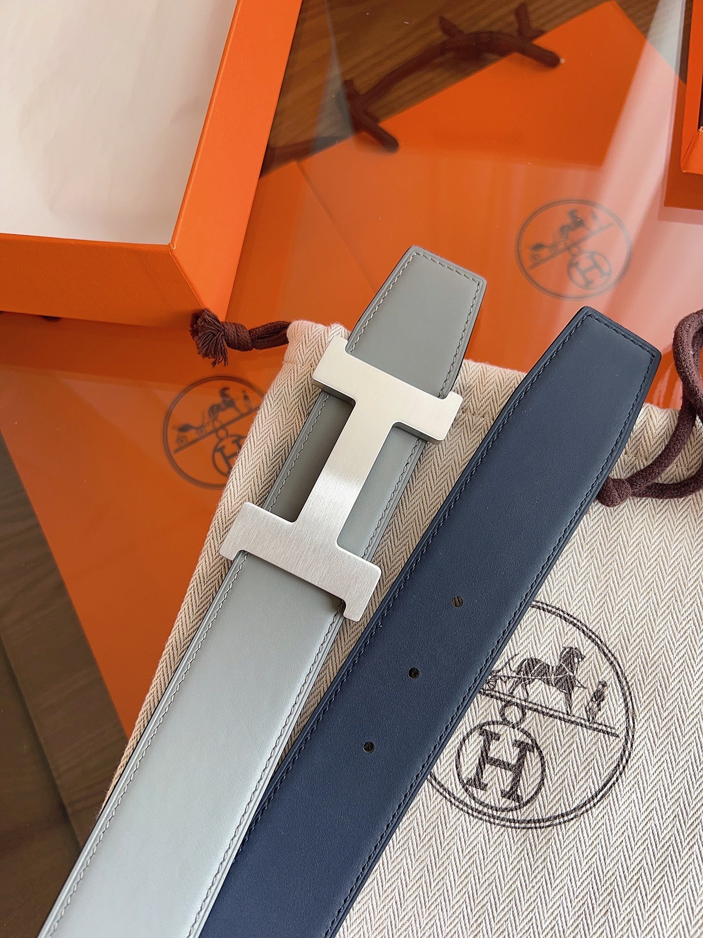 Hermès H Belt 32mm Grey Leather with Brushed Silver Buckle Size 90