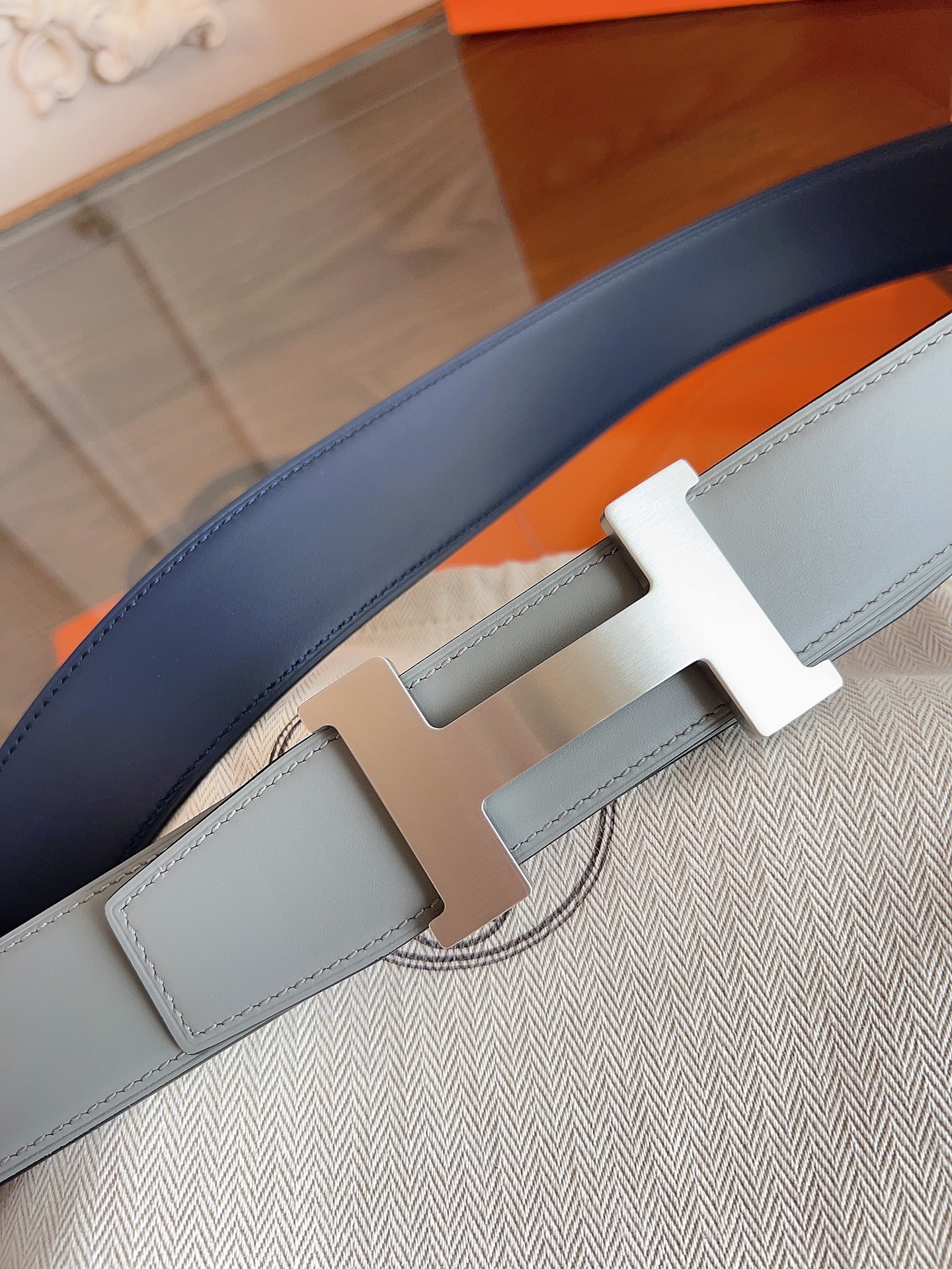 Hermès H Belt 32mm Grey Leather with Brushed Silver Buckle Size 90