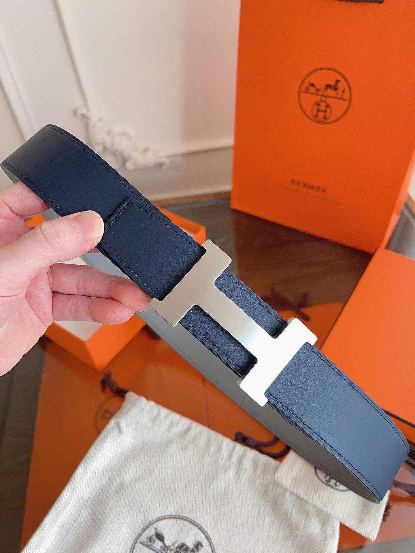 Hermès H Belt 32mm Grey Leather with Brushed Silver Buckle Size 90