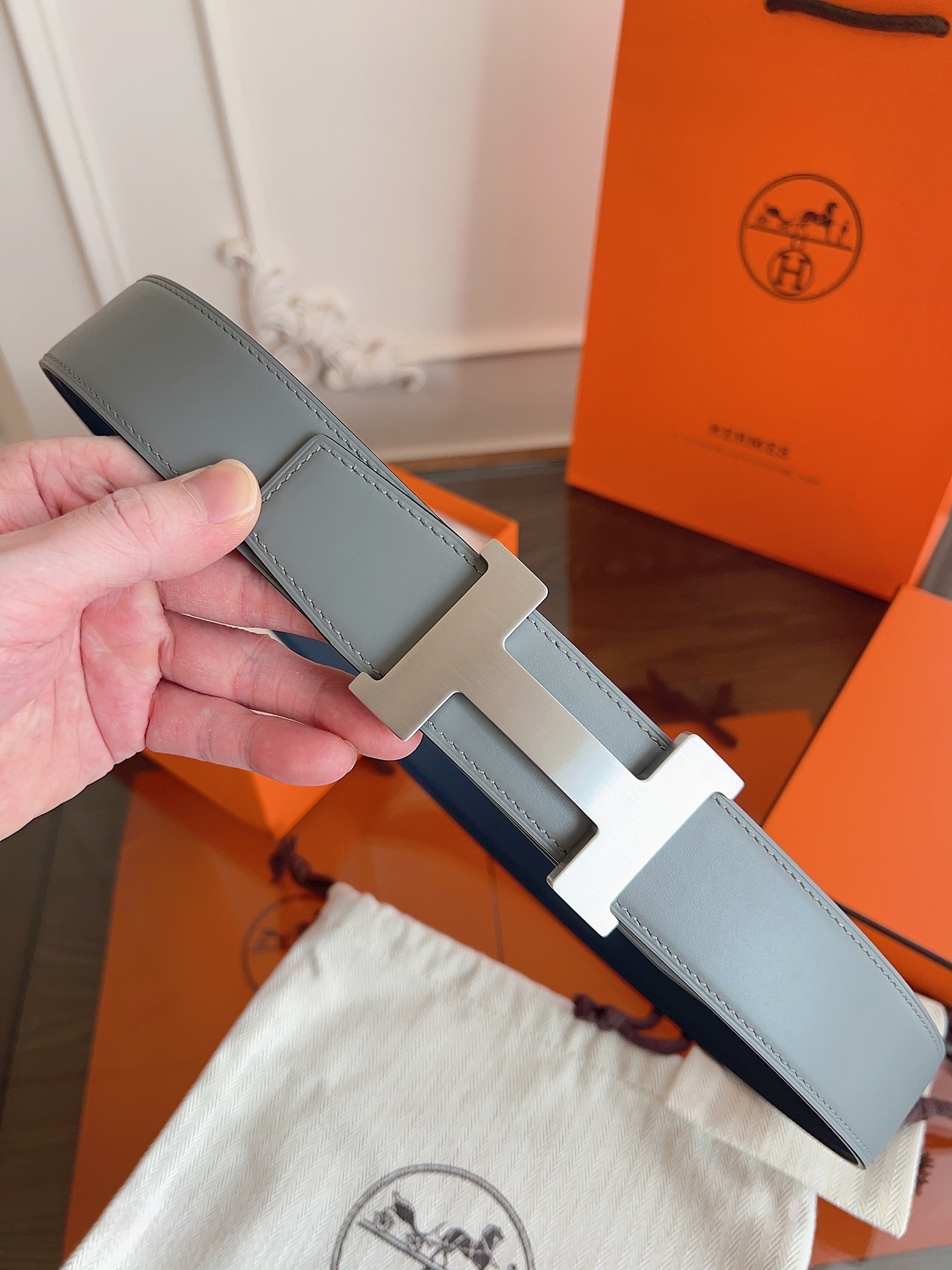 Hermès H Belt 32mm Grey Leather with Brushed Silver Buckle Size 90