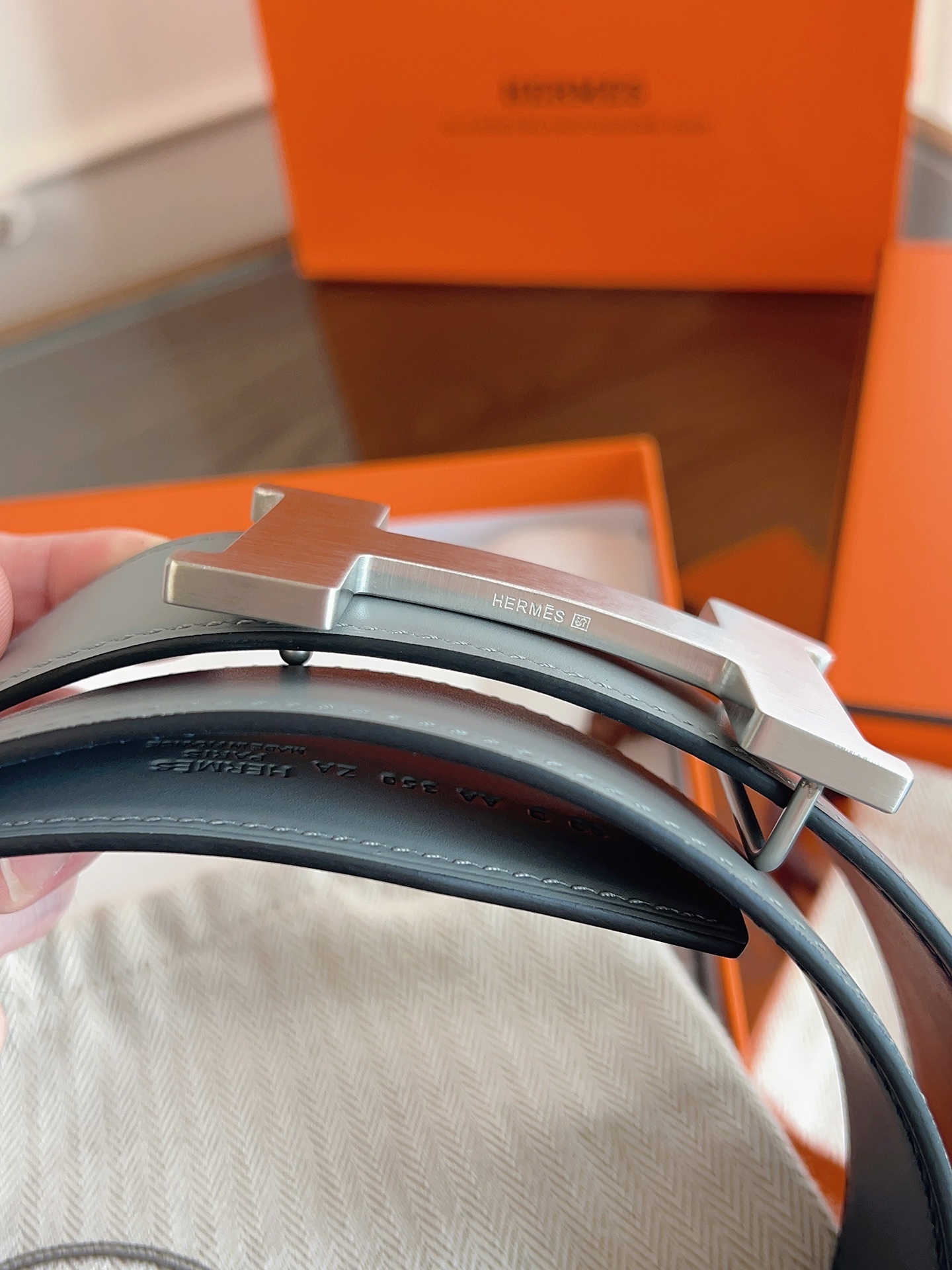 Hermès H Belt 32mm Grey Leather with Brushed Silver Buckle Size 90