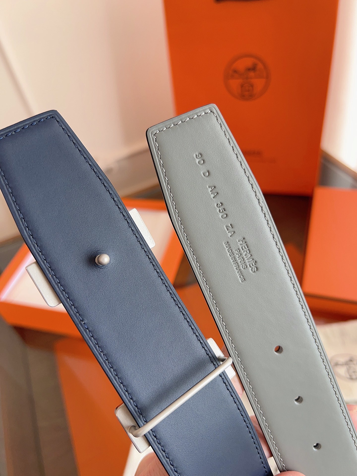 Hermès H Belt 32mm Grey Leather with Brushed Silver Buckle Size 90