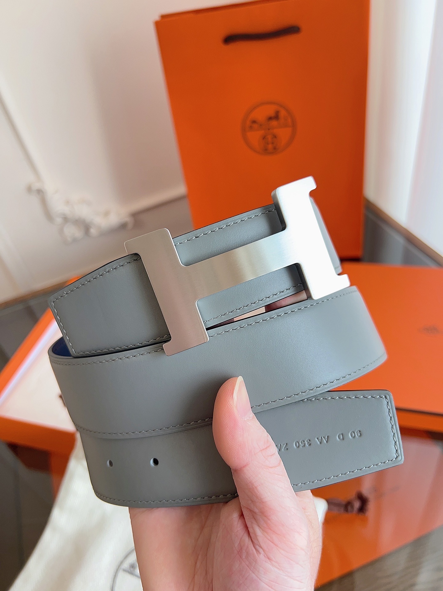 Hermès H Belt 32mm Grey Leather with Brushed Silver Buckle Size 90