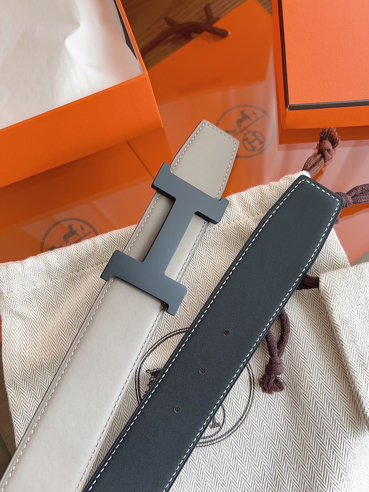 Hermes Reversible H Belt - Etoupe Grey Leather Matte Black Buckle