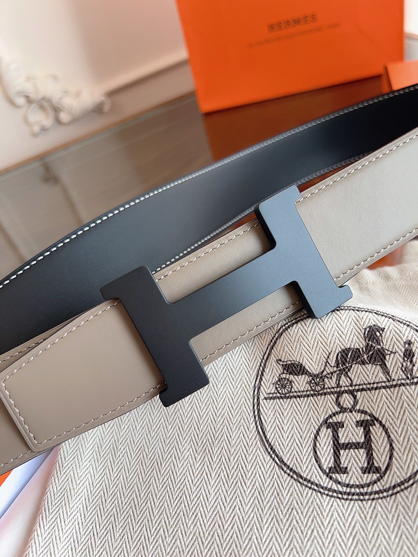 Hermes Reversible H Belt - Etoupe Grey Leather Matte Black Buckle