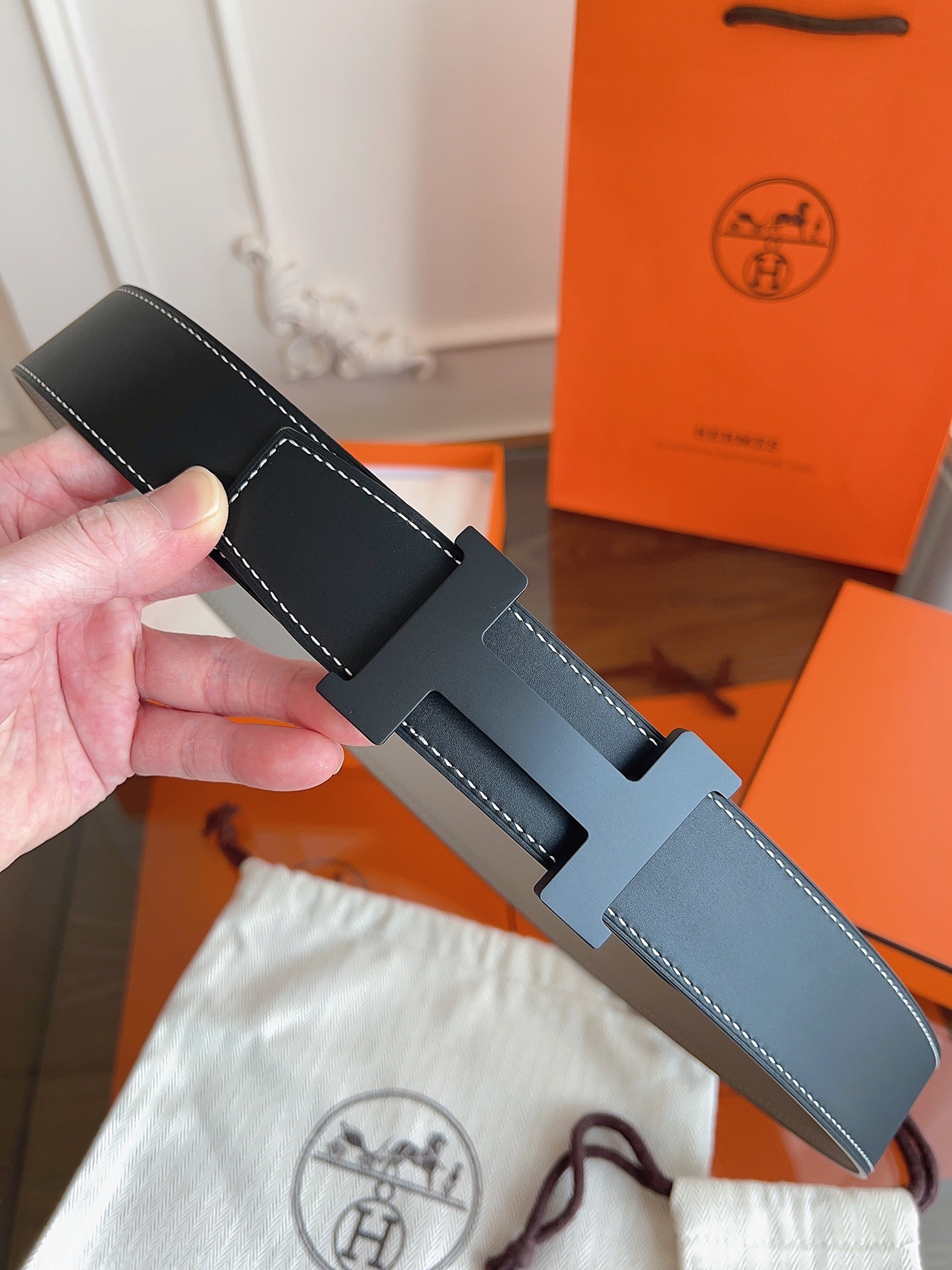Hermes Reversible H Belt - Etoupe Grey Leather Matte Black Buckle
