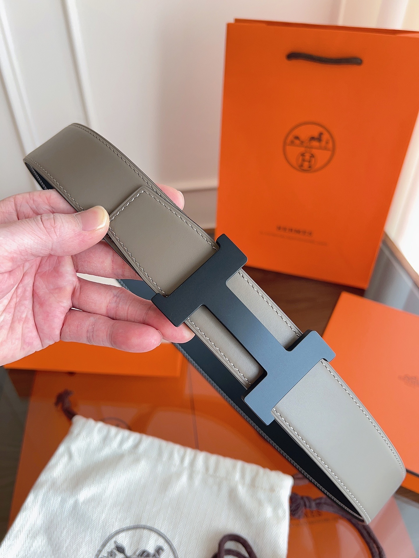 Hermes Reversible H Belt - Etoupe Grey Leather Matte Black Buckle