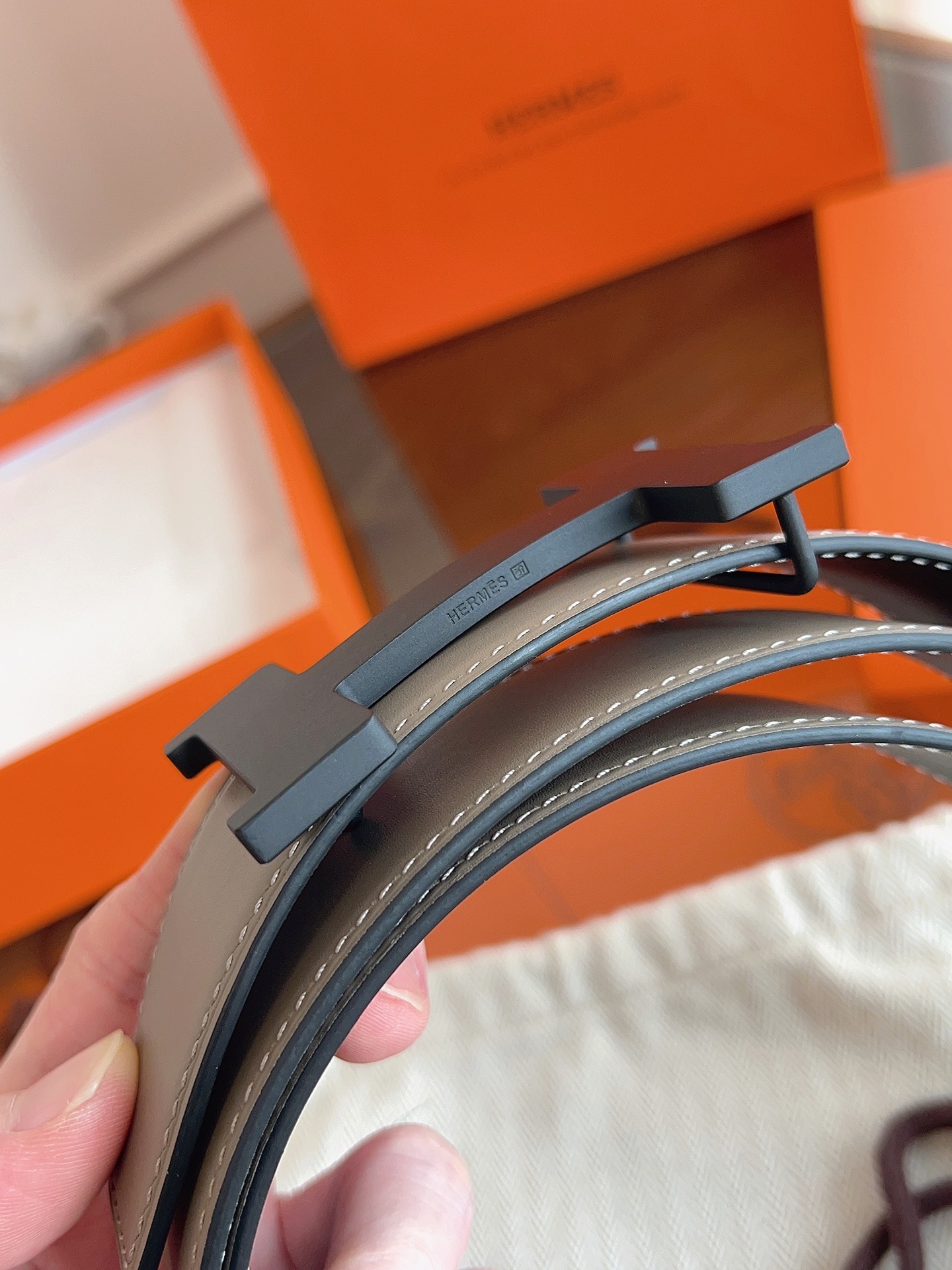 Hermes Reversible H Belt - Etoupe Grey Leather Matte Black Buckle