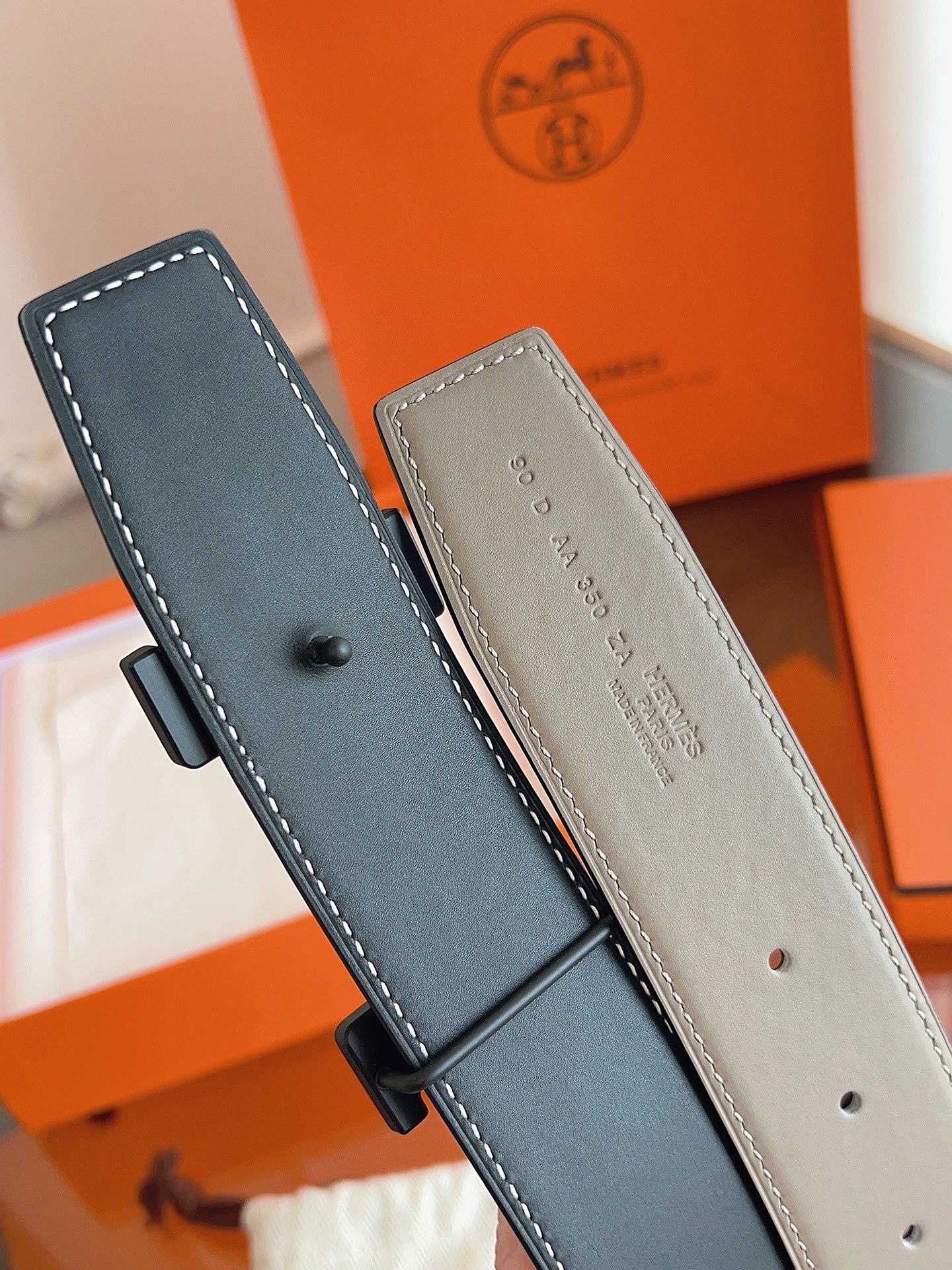 Hermes Reversible H Belt - Etoupe Grey Leather Matte Black Buckle