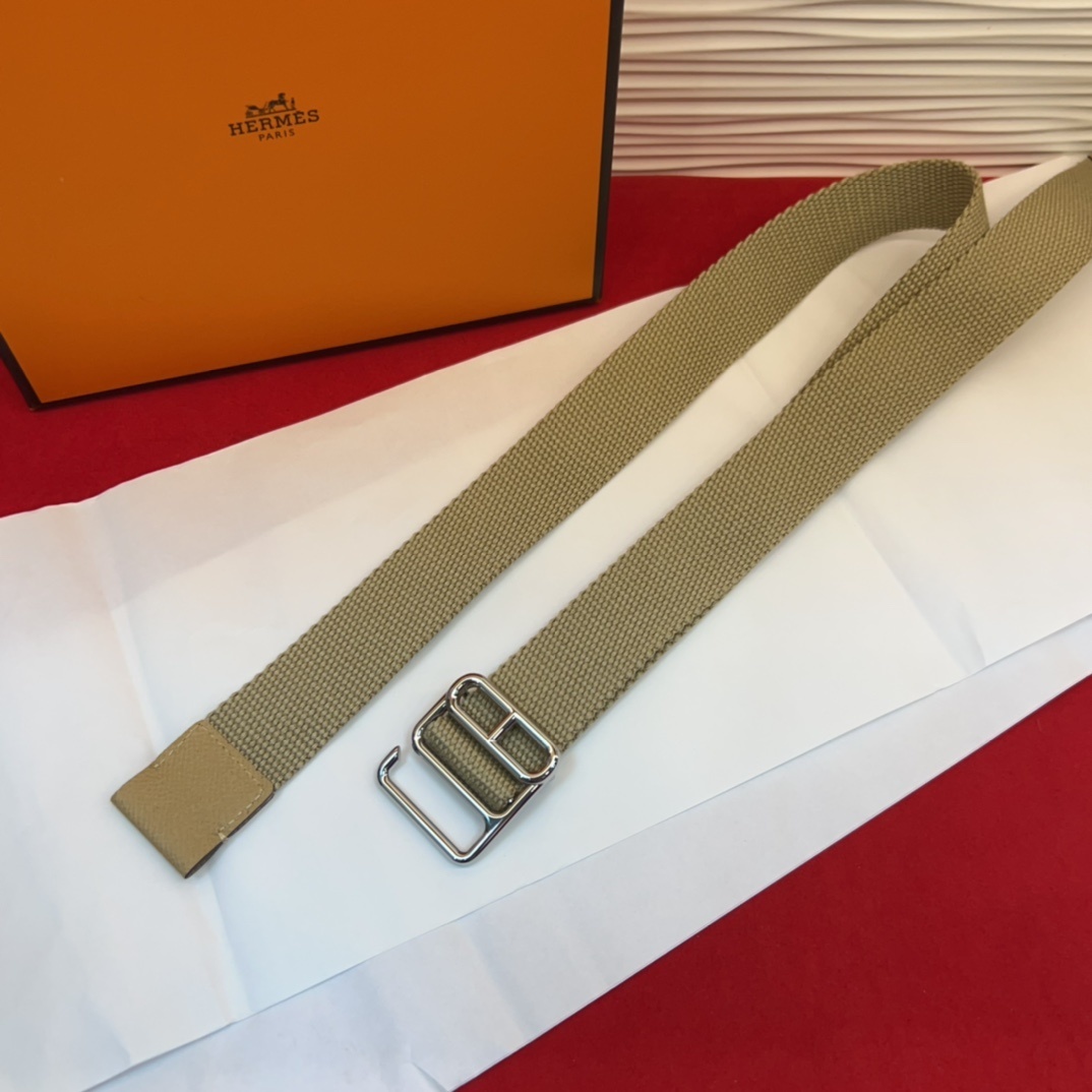 Hermès Khaki Canvas Belt with Signature Silver-Tone Buckle