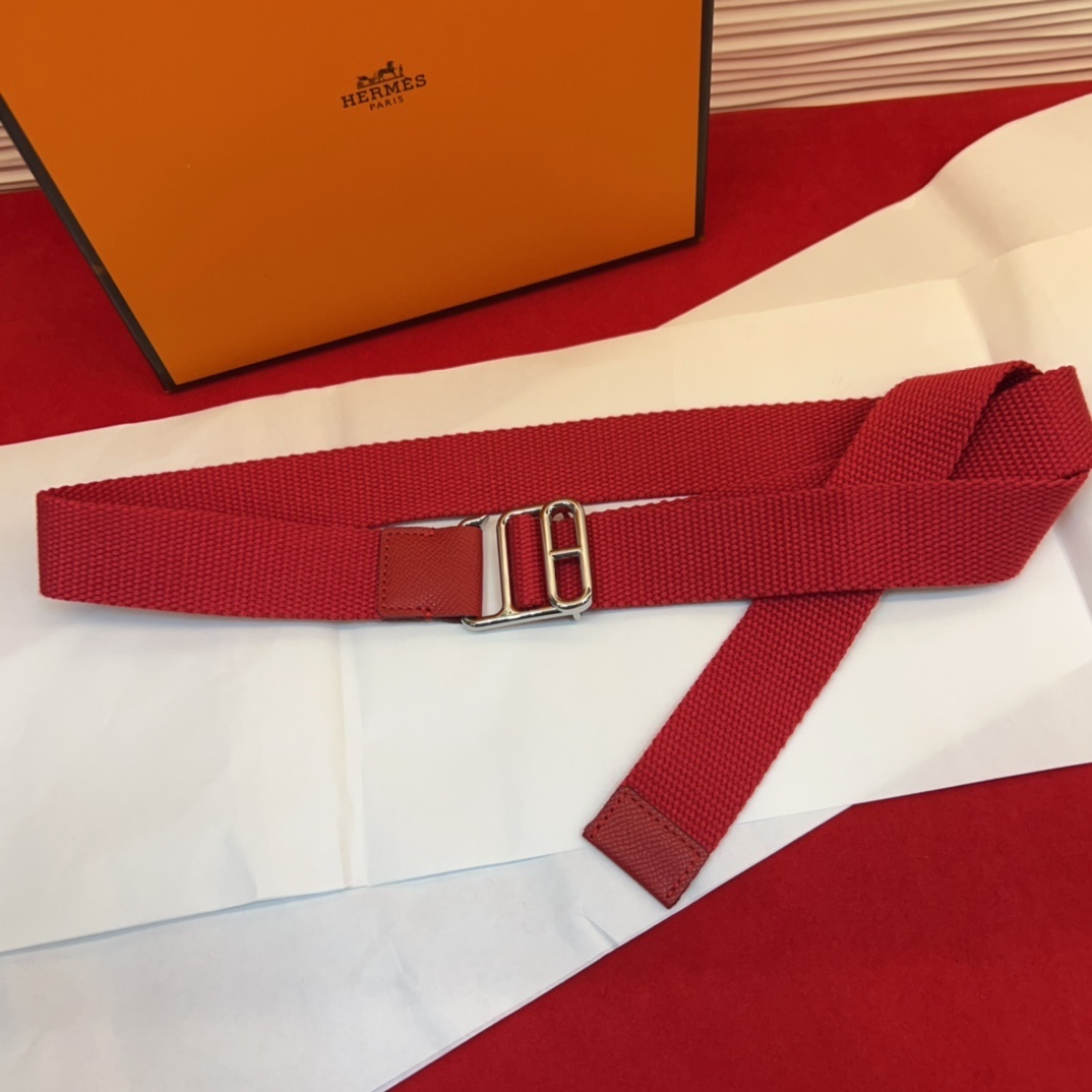 Hermes Red Canvas Webbing Belt with Polished Silver Buckle