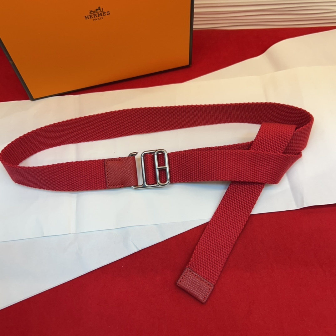 Hermes Red Canvas Webbing Belt with Polished Silver Buckle