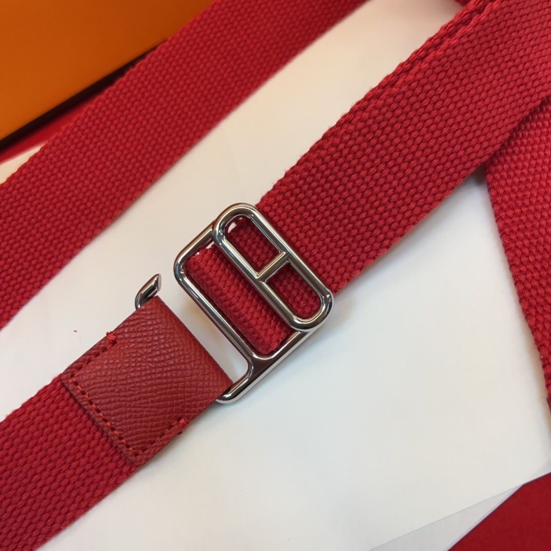 Hermes Red Canvas Webbing Belt with Polished Silver Buckle