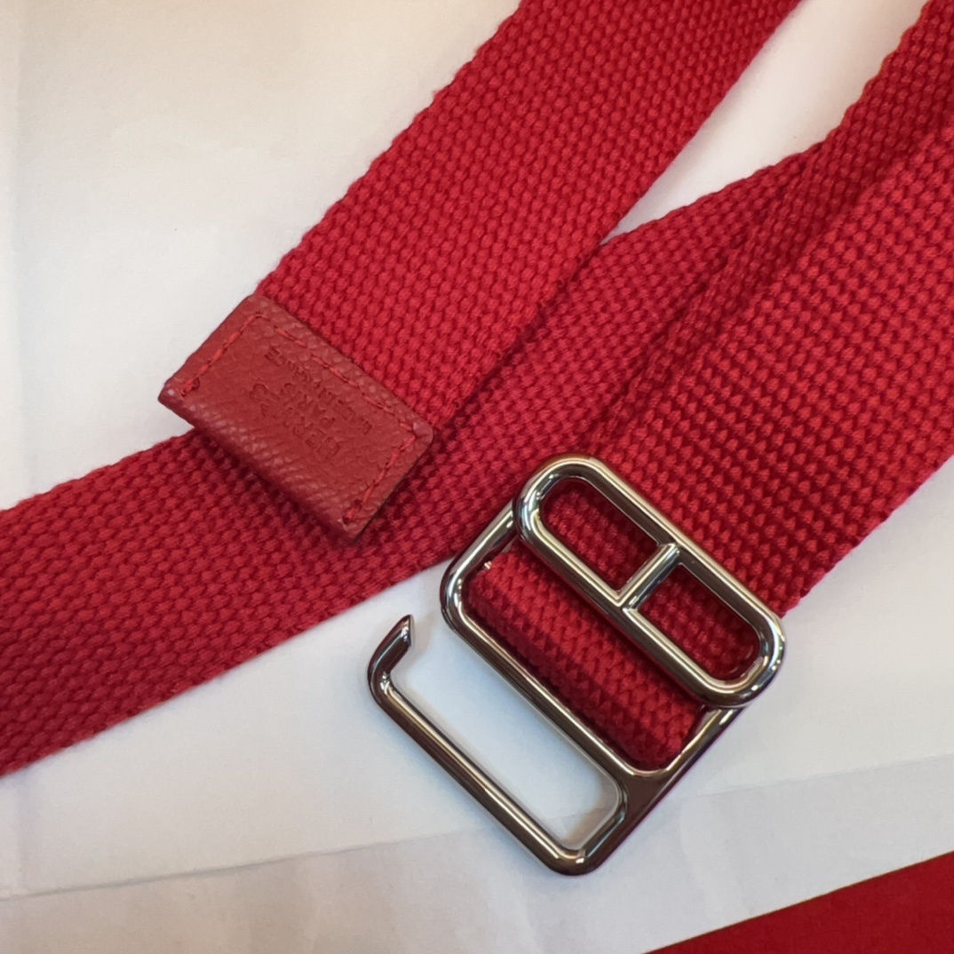 Hermes Red Canvas Webbing Belt with Polished Silver Buckle