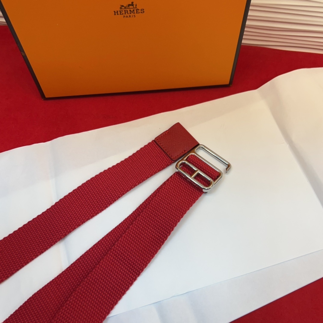 Hermes Red Canvas Webbing Belt with Polished Silver Buckle