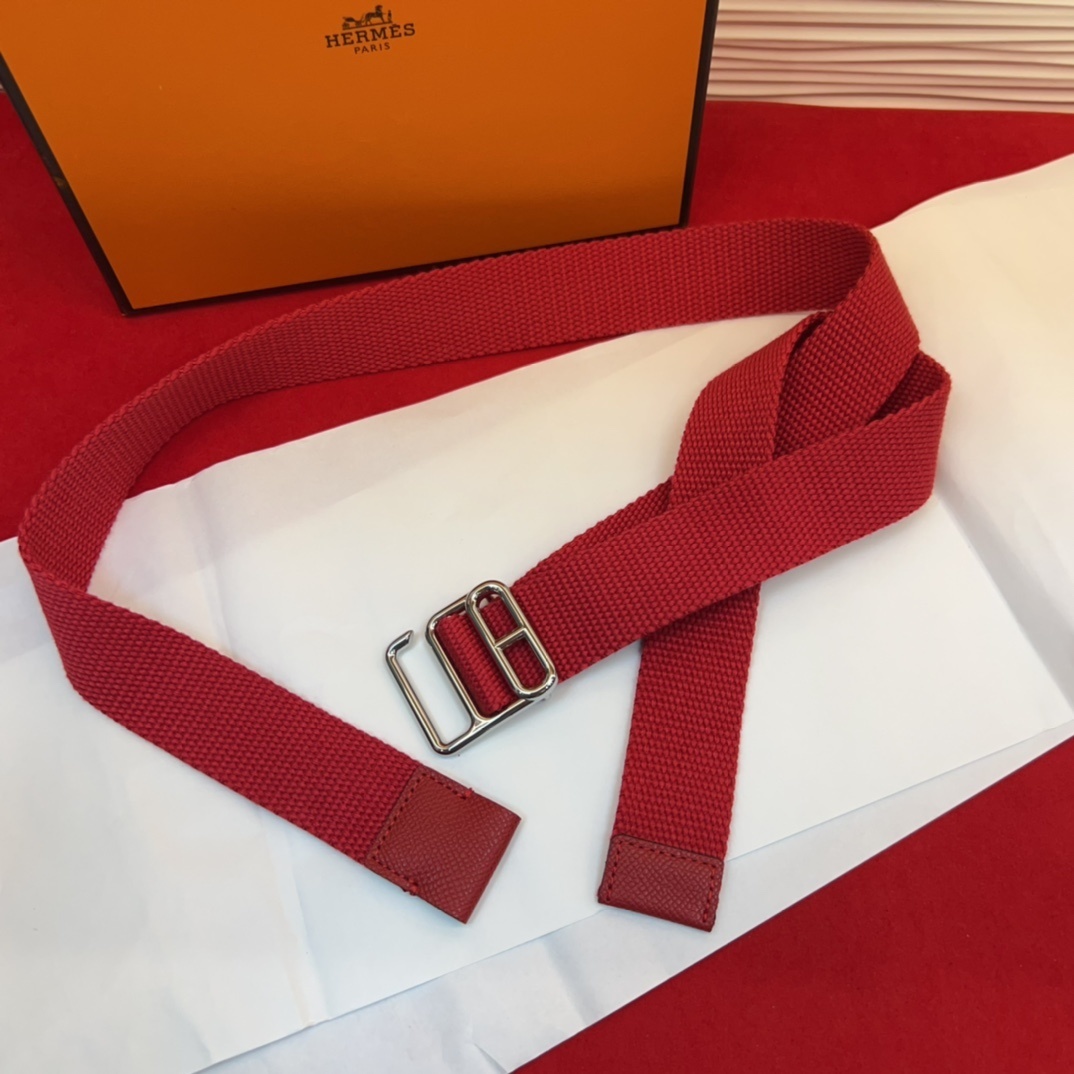 Hermes Red Canvas Webbing Belt with Polished Silver Buckle