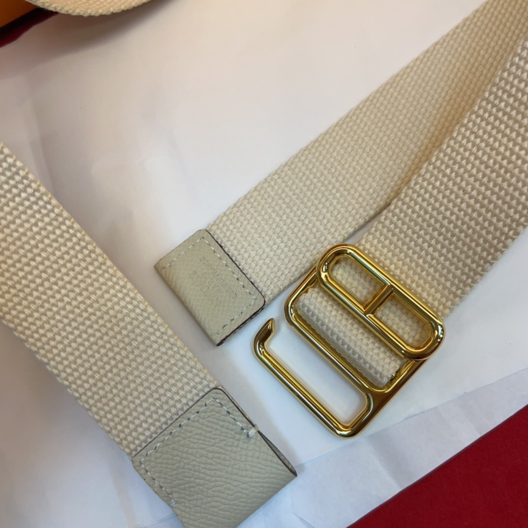 Hermes Cream Canvas Webbing Belt with Iconic Gold-Tone H Buckle