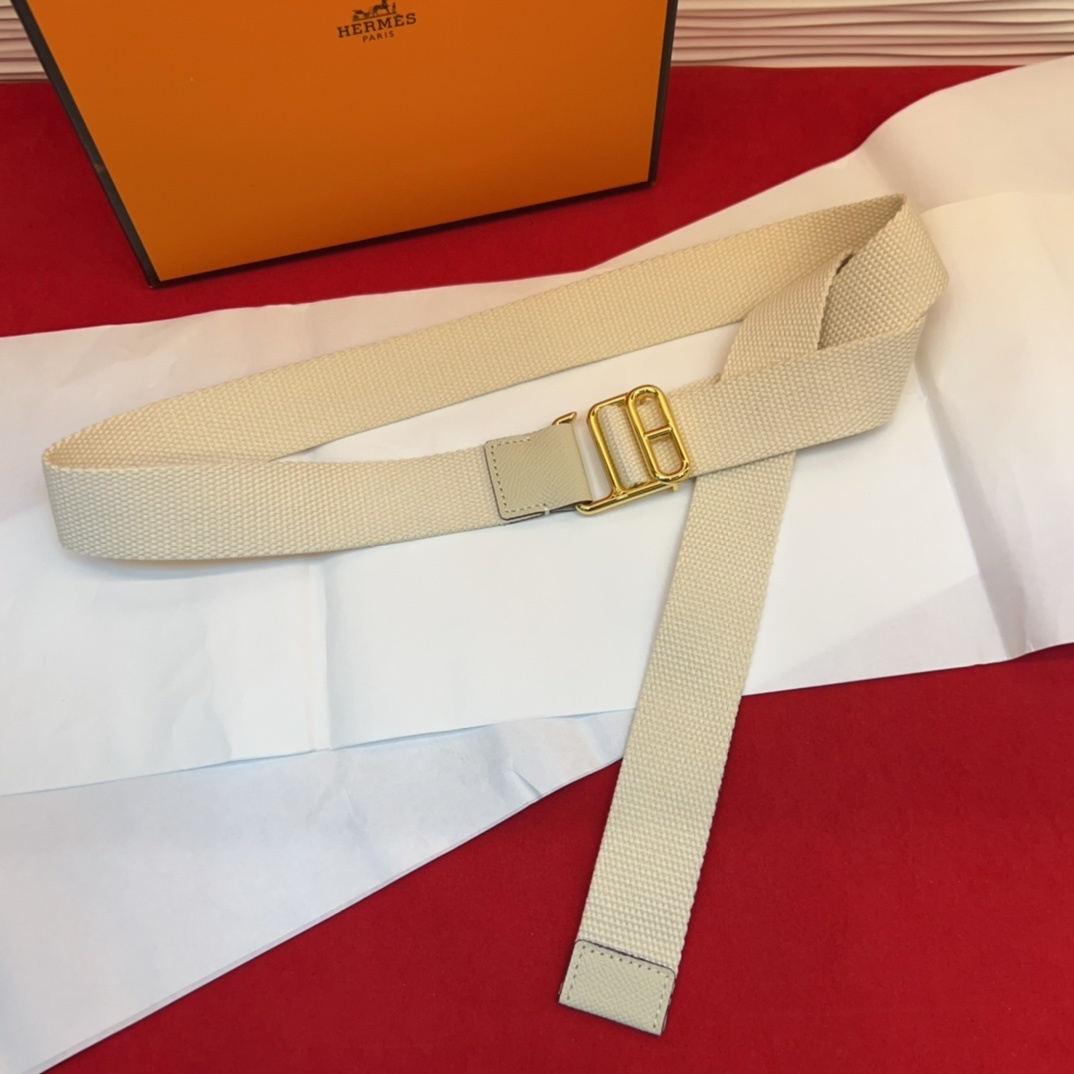Hermes Cream Canvas Webbing Belt with Iconic Gold-Tone H Buckle