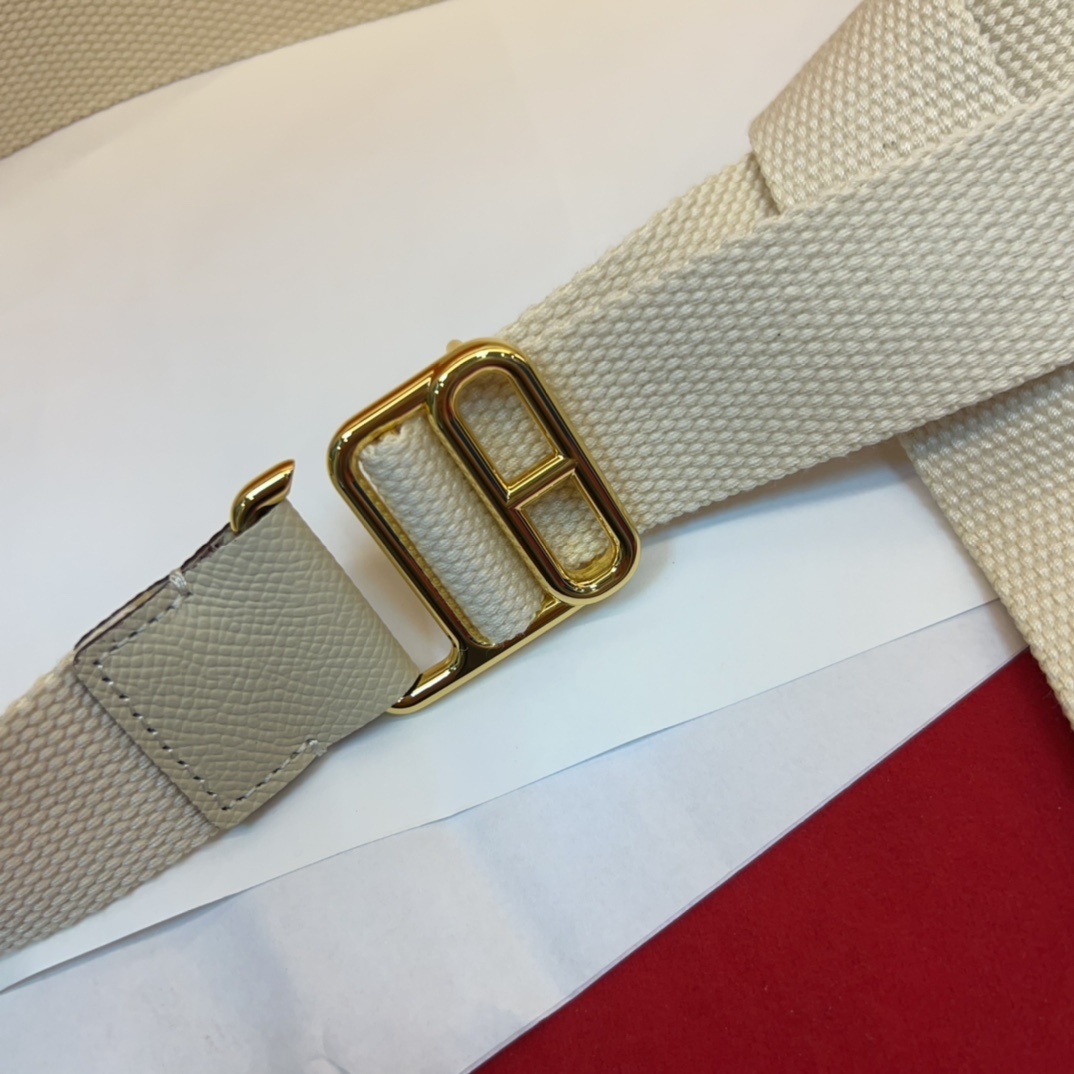Hermes Cream Canvas Webbing Belt with Iconic Gold-Tone H Buckle