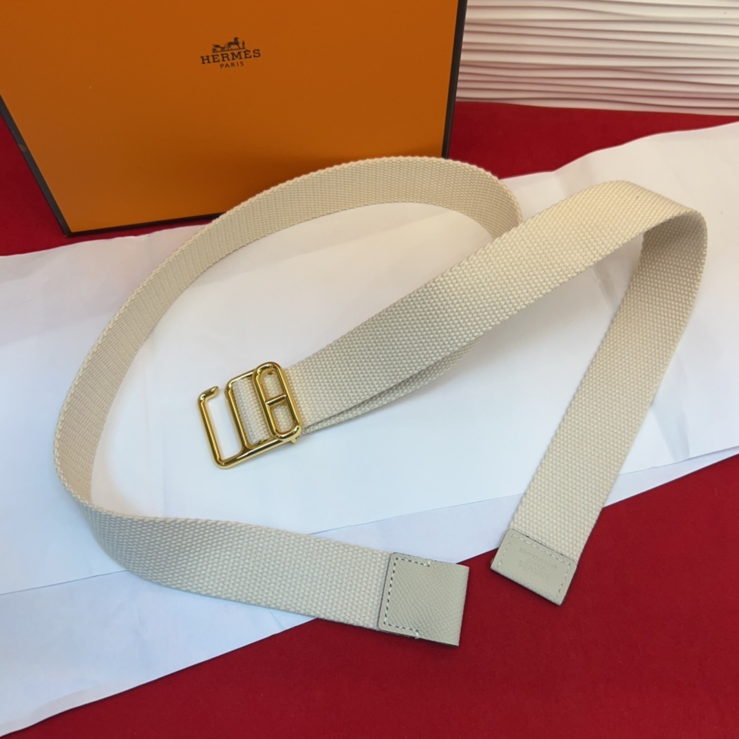 Hermes Cream Canvas Webbing Belt with Iconic Gold-Tone H Buckle