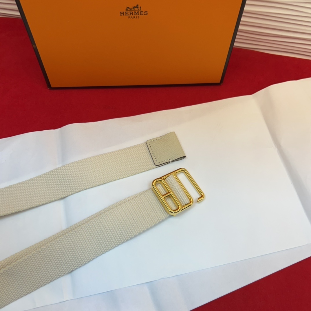 Hermes Cream Canvas Webbing Belt with Iconic Gold-Tone H Buckle