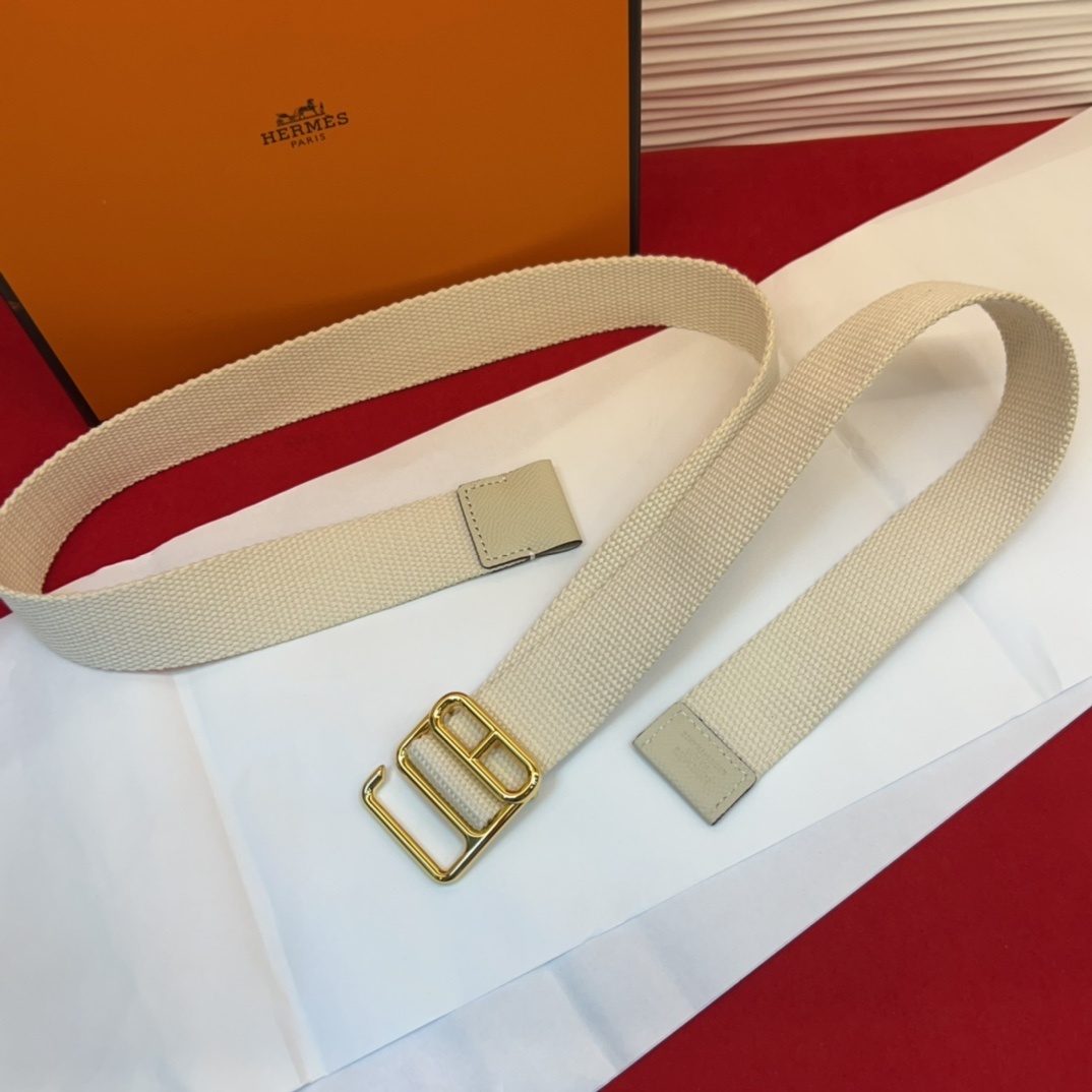 Hermes Cream Canvas Webbing Belt with Iconic Gold-Tone H Buckle