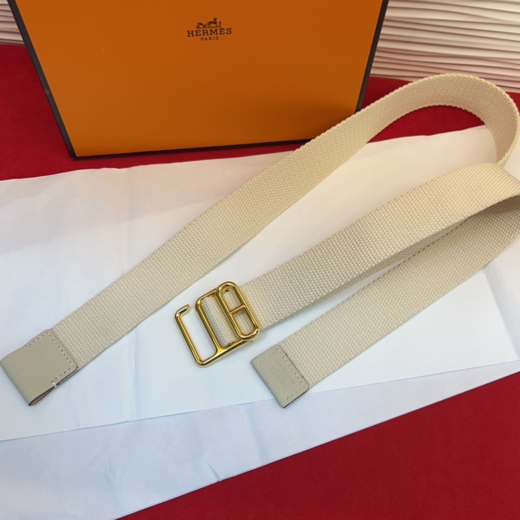 Hermes Cream Canvas Webbing Belt with Iconic Gold-Tone H Buckle