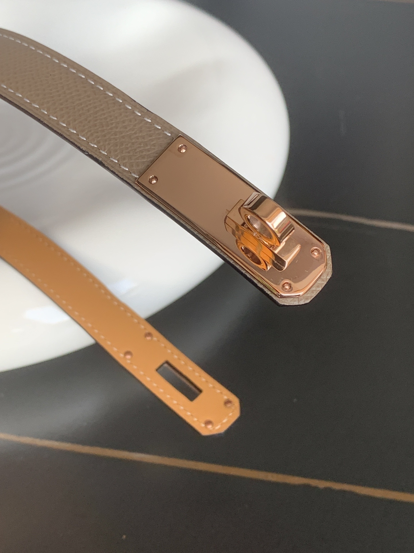 Hermes Kelly Adjustable Belt Etoupe Epsom with Rose Gold Hardware
