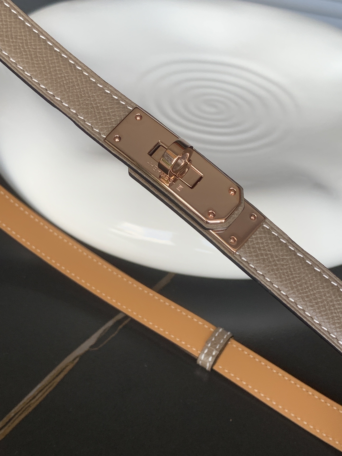 Hermes Kelly Adjustable Belt Etoupe Epsom with Rose Gold Hardware