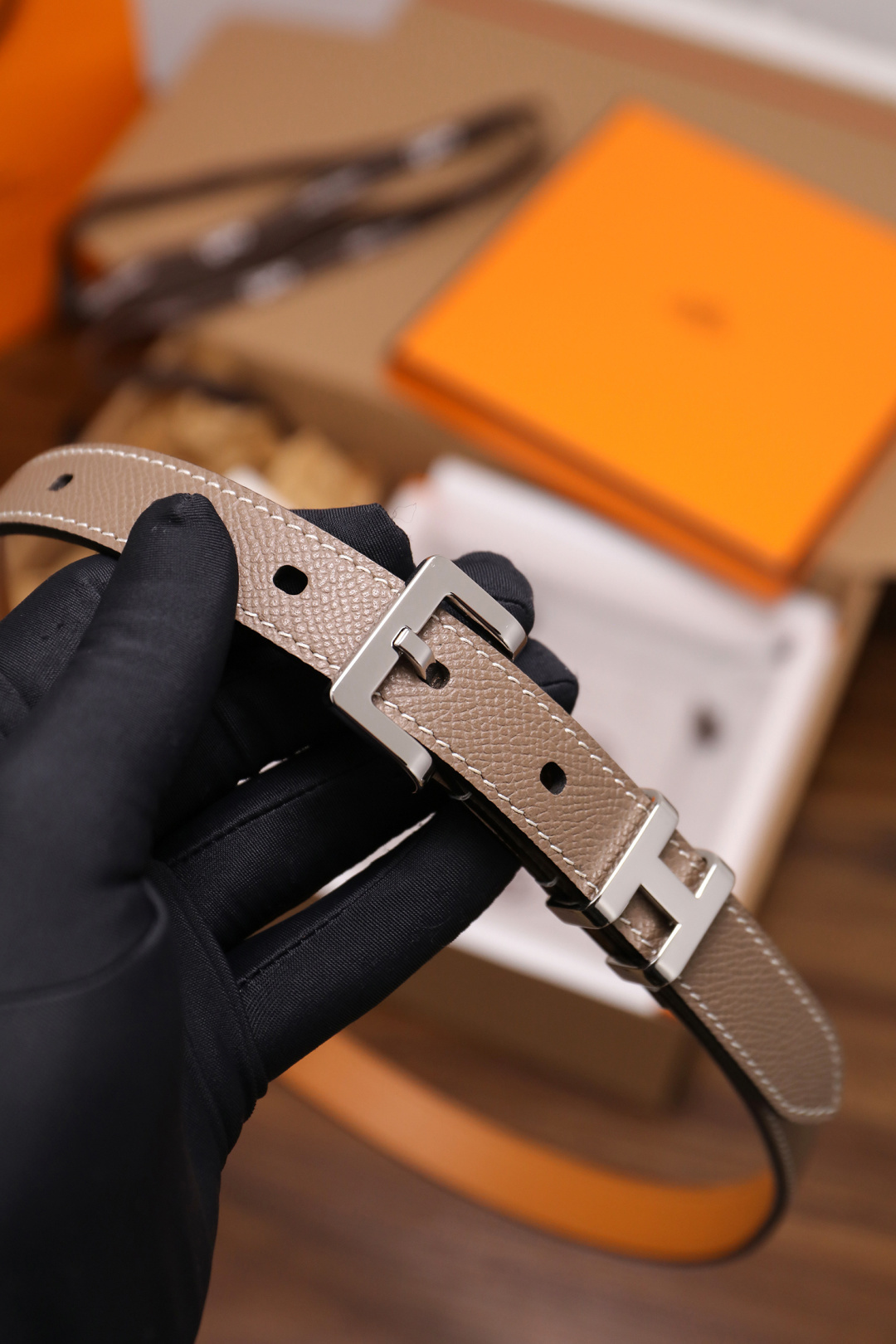 Hermes Double Tour Slim Leather Belt in Etoupe with Silver Hardware