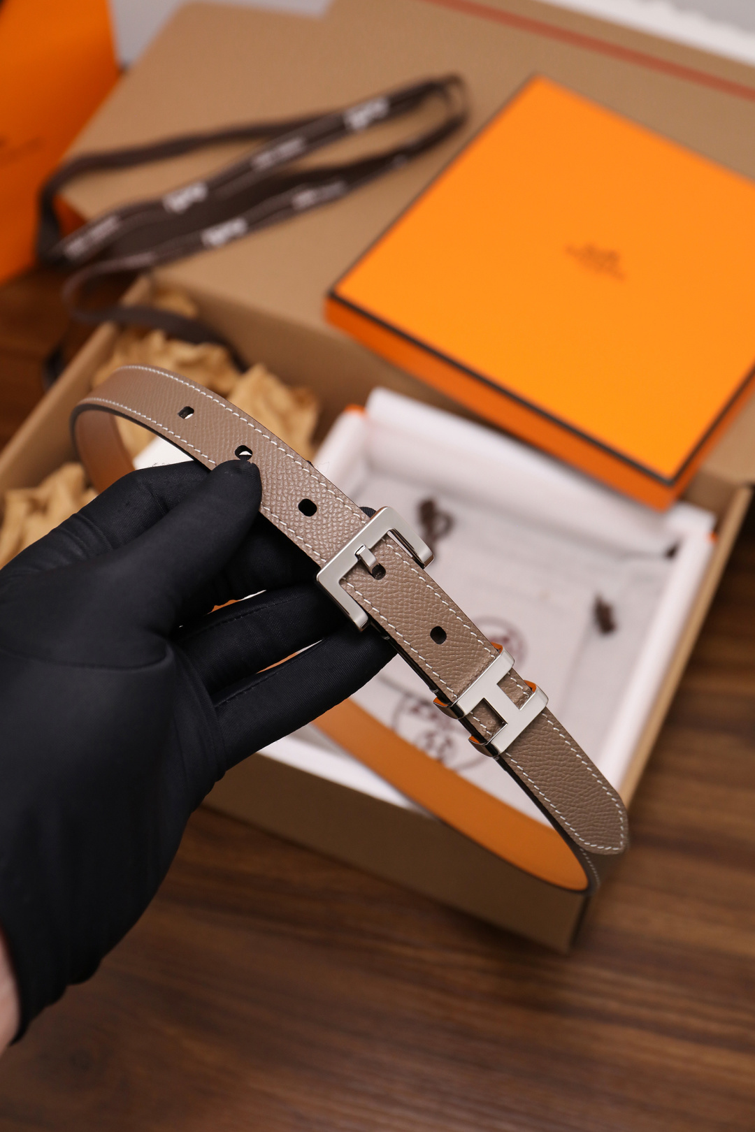 Hermes Double Tour Slim Leather Belt in Etoupe with Silver Hardware