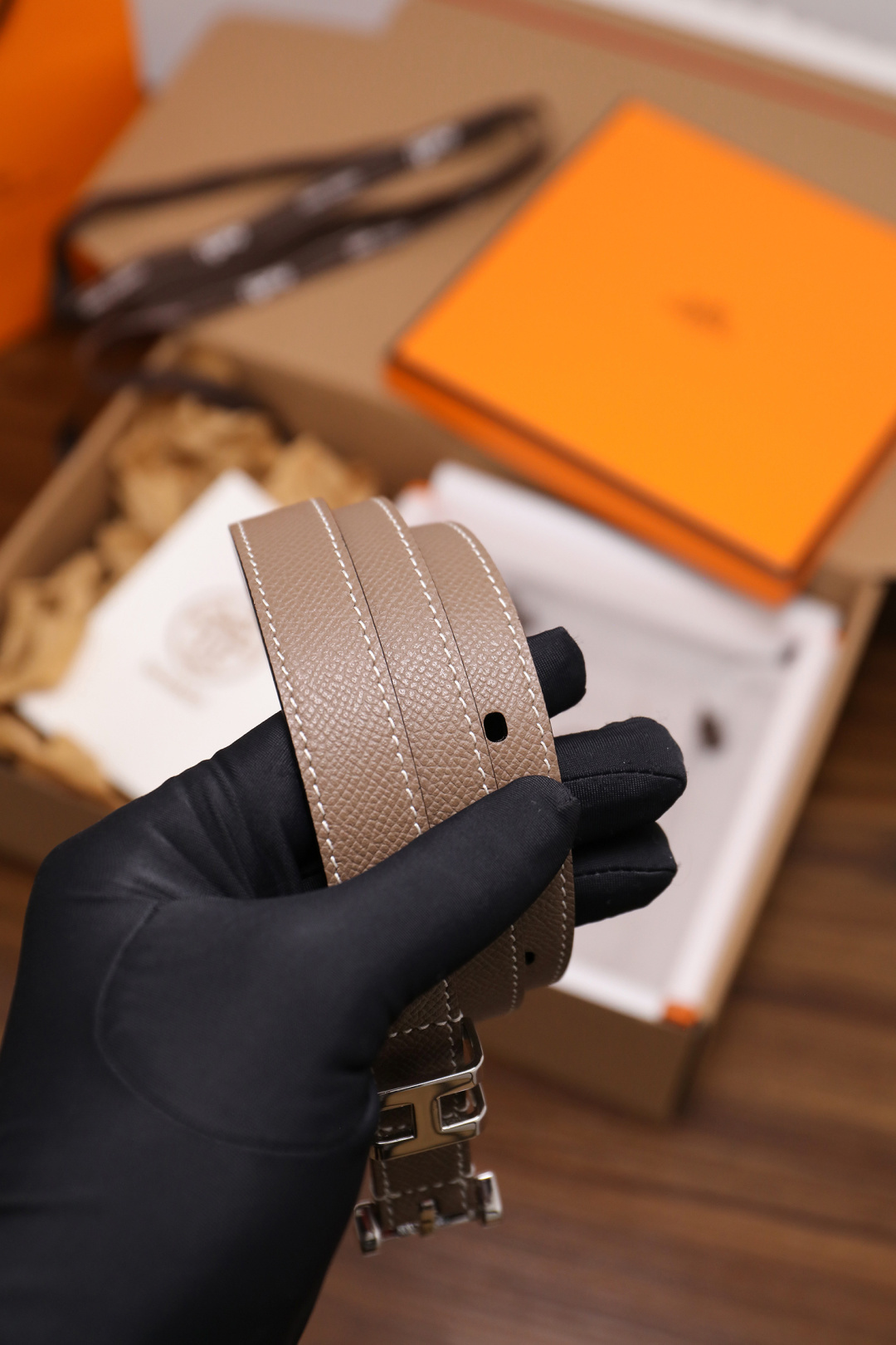 Hermes Double Tour Slim Leather Belt in Etoupe with Silver Hardware