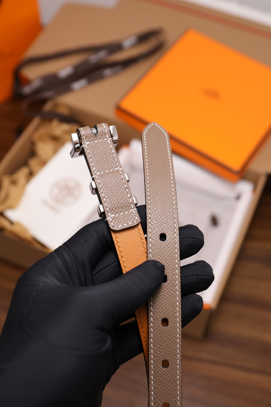 Hermes Double Tour Slim Leather Belt in Etoupe with Silver Hardware