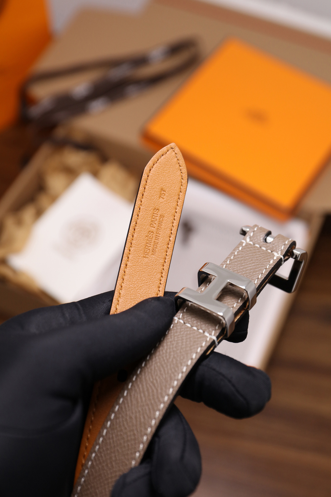 Hermes Double Tour Slim Leather Belt in Etoupe with Silver Hardware