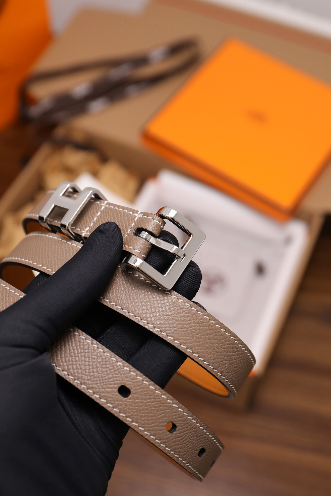 Hermes Double Tour Slim Leather Belt in Etoupe with Silver Hardware