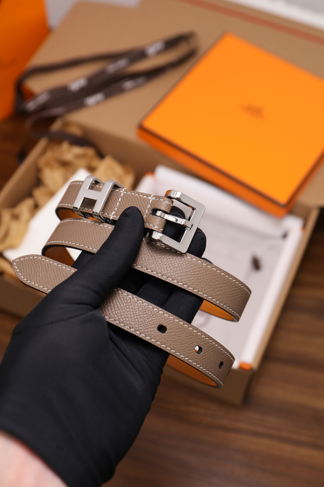 Hermes Double Tour Slim Leather Belt in Etoupe with Silver Hardware