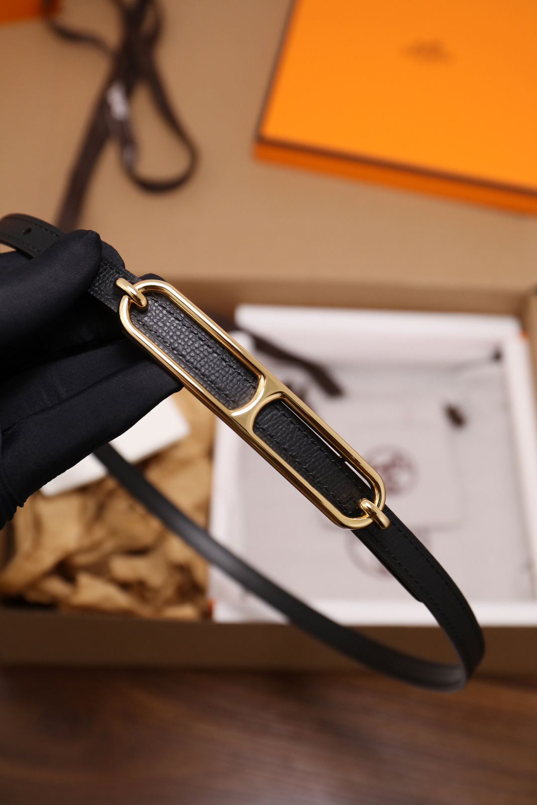 Hermès Roulis Slim Leather Belt - Black with Gold Hardware