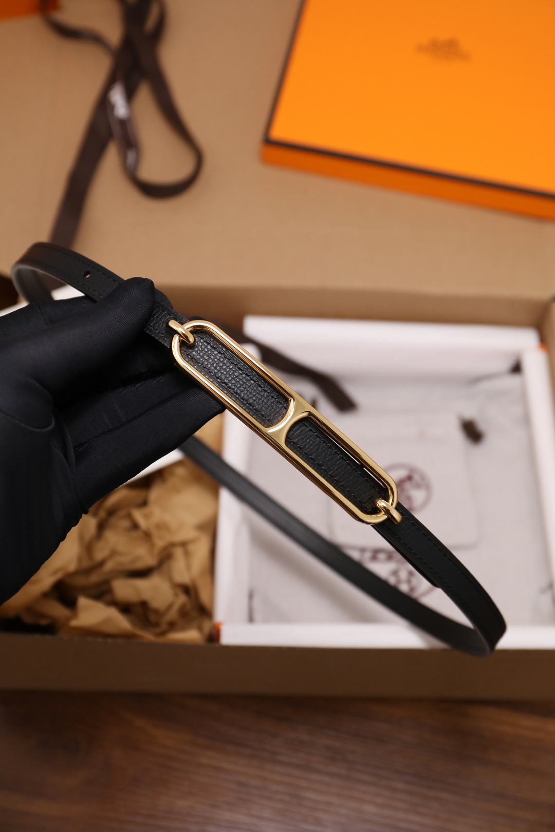 Hermès Roulis Slim Leather Belt - Black with Gold Hardware