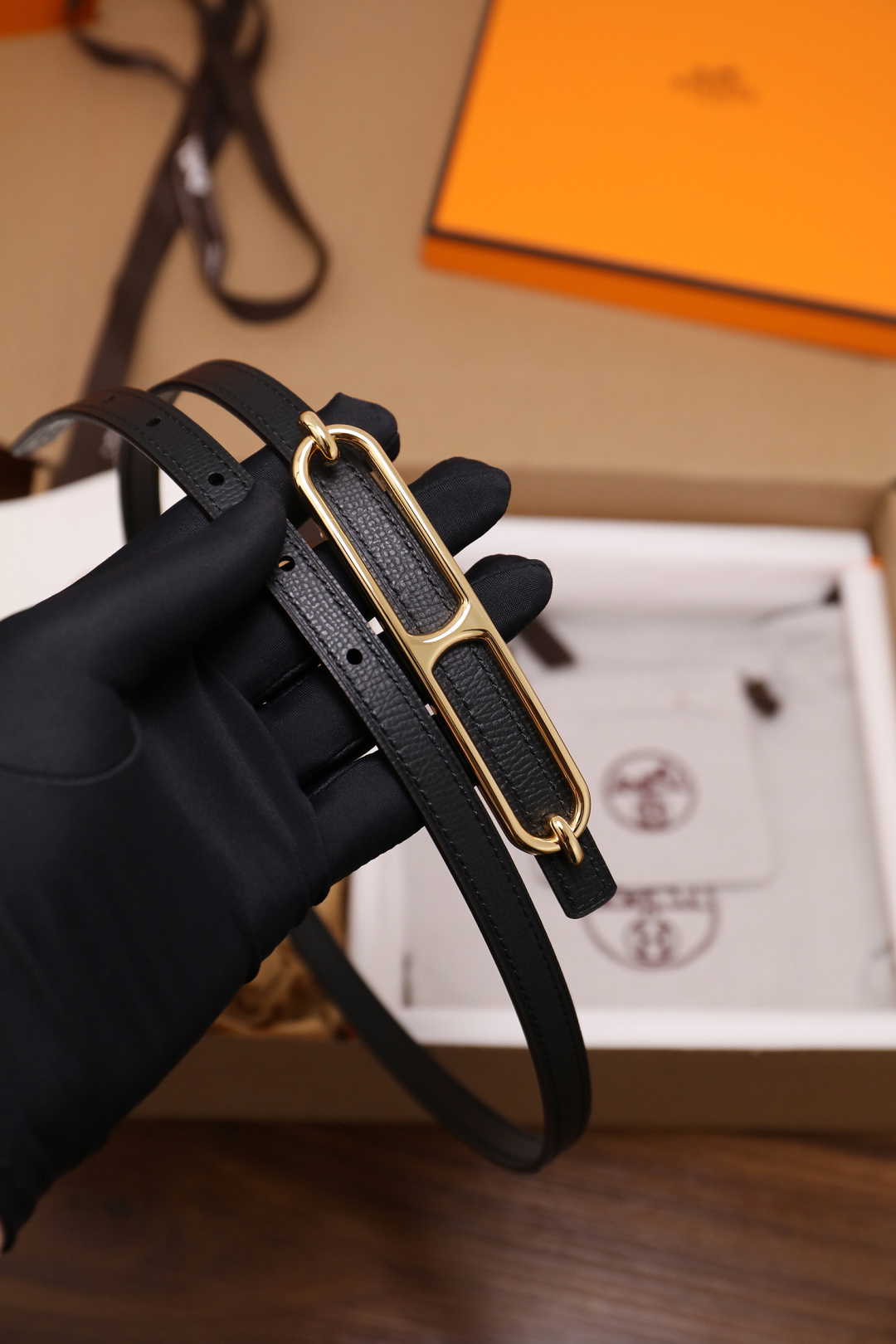 Hermès Roulis Slim Leather Belt - Black with Gold Hardware