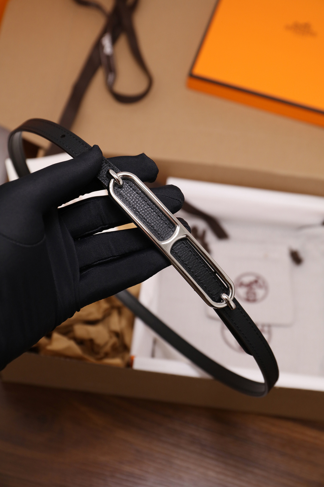 Hermes Roulis Thin Belt in Black Grained Leather with Silver Buckle