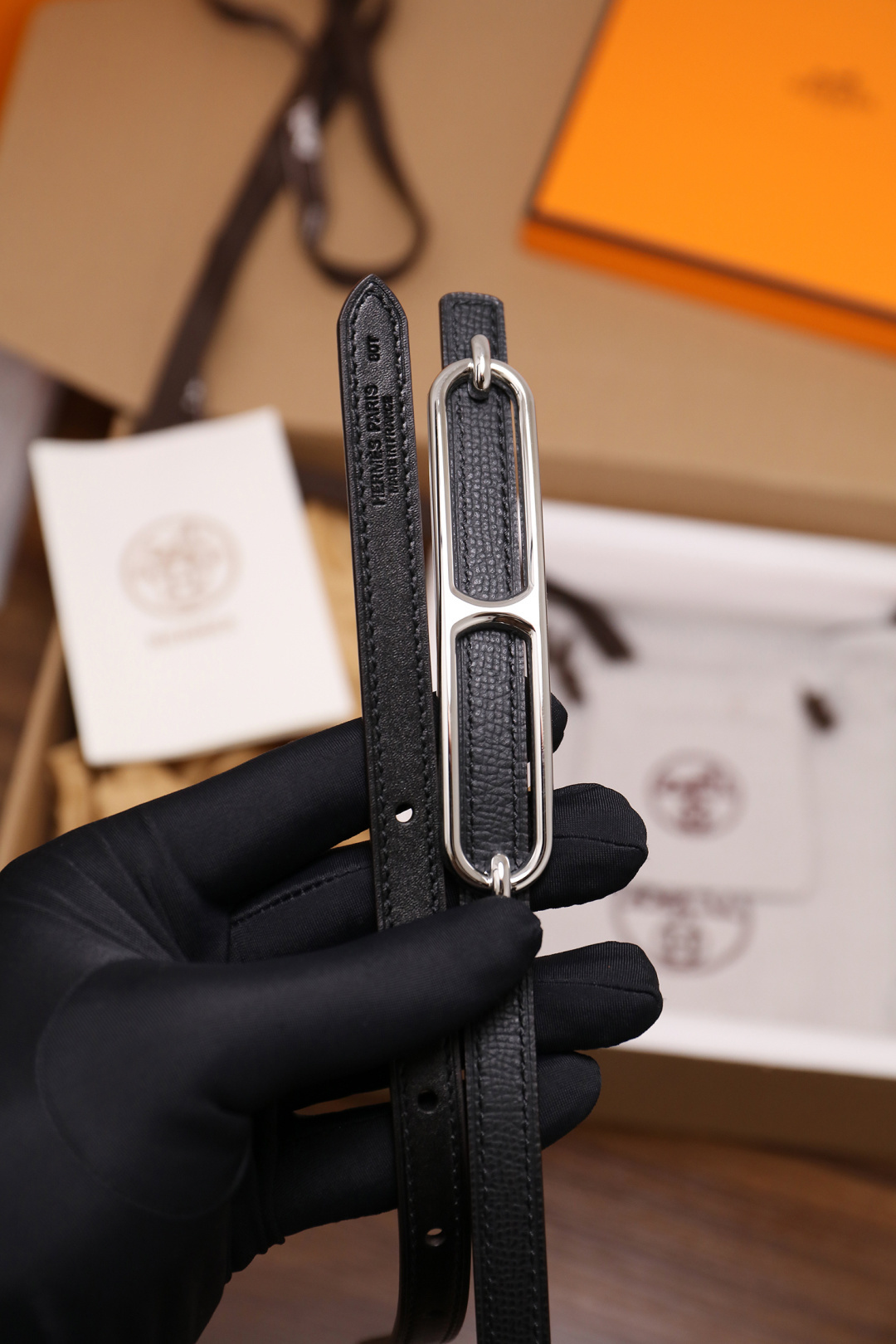 Hermes Roulis Thin Belt in Black Grained Leather with Silver Buckle