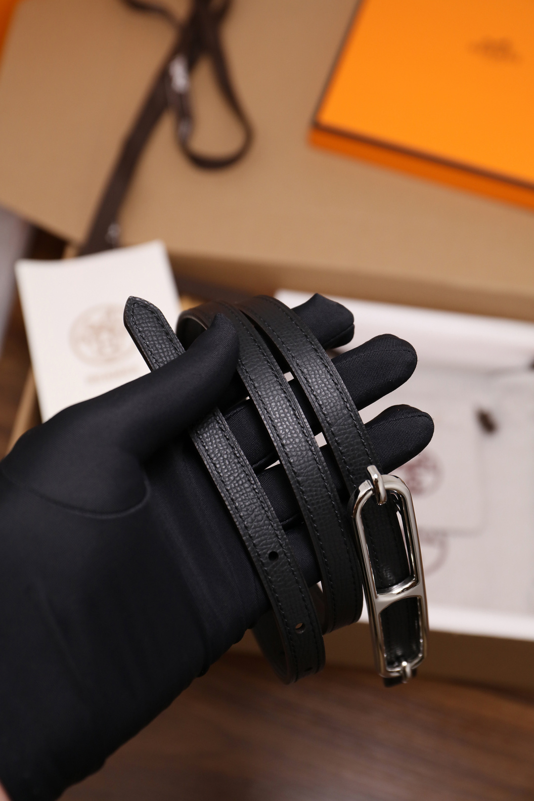 Hermes Roulis Thin Belt in Black Grained Leather with Silver Buckle