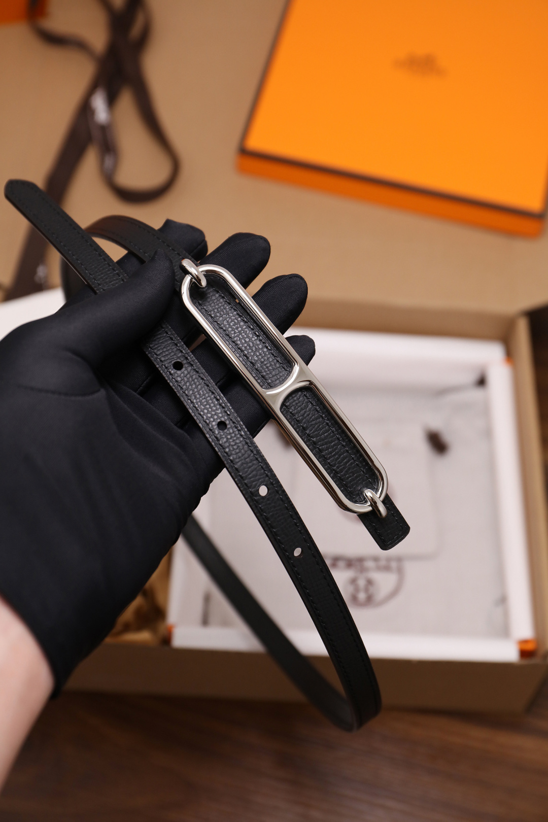 Hermes Roulis Thin Belt in Black Grained Leather with Silver Buckle