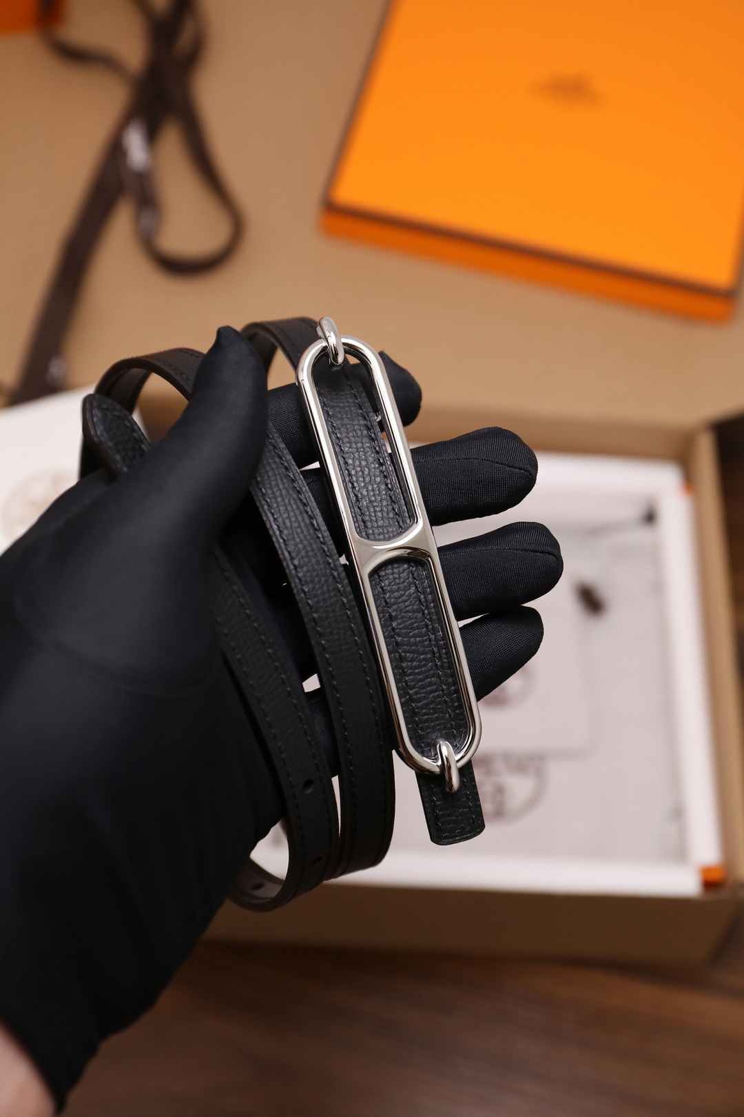 Hermes Roulis Thin Belt in Black Grained Leather with Silver Buckle