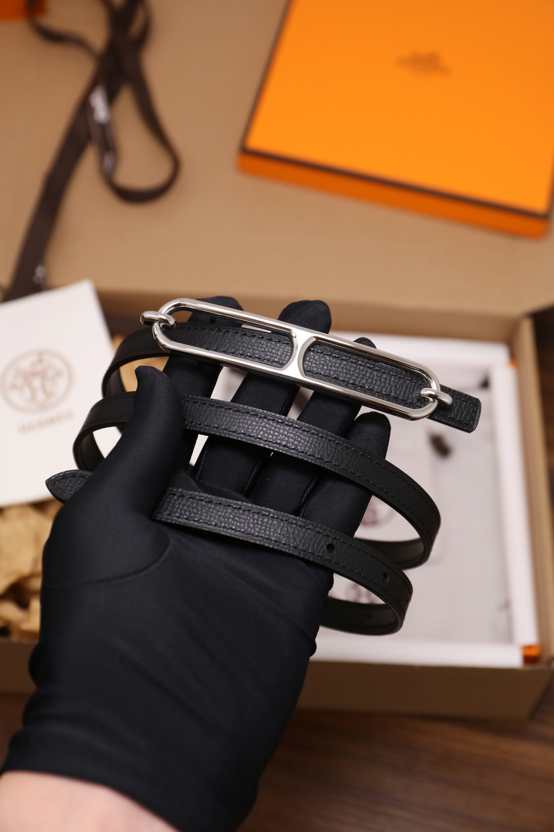 Hermes Roulis Thin Belt in Black Grained Leather with Silver Buckle