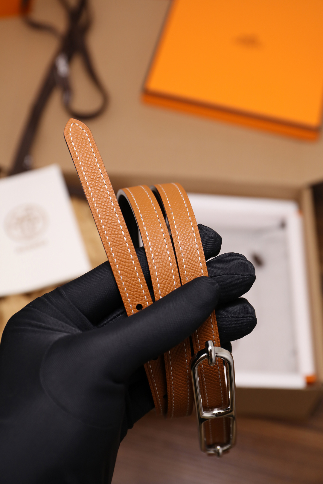 Premium Roulis Style Leather Double Tour Bracelet - Tan & Silver