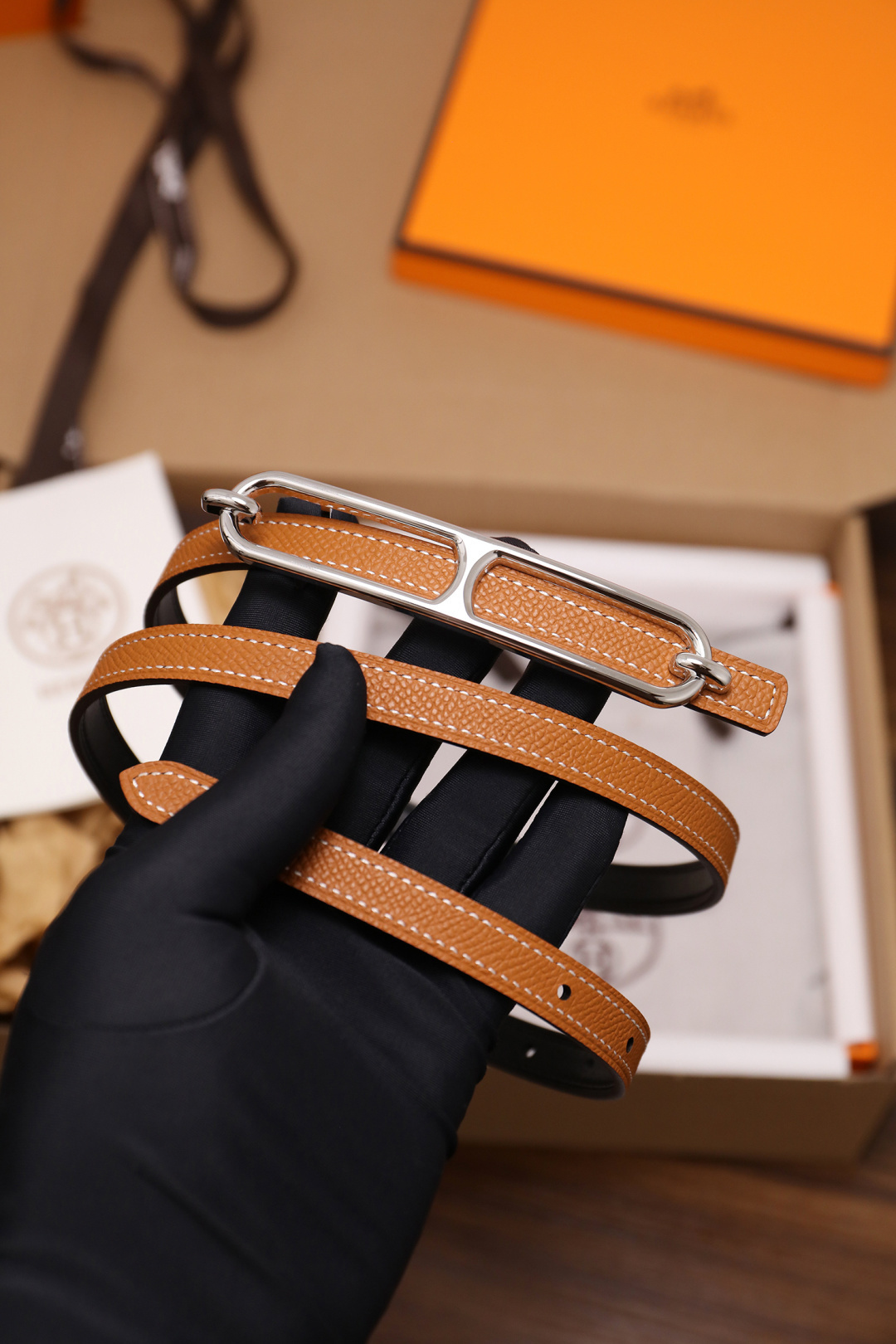 Premium Roulis Style Leather Double Tour Bracelet – Tan & Silver