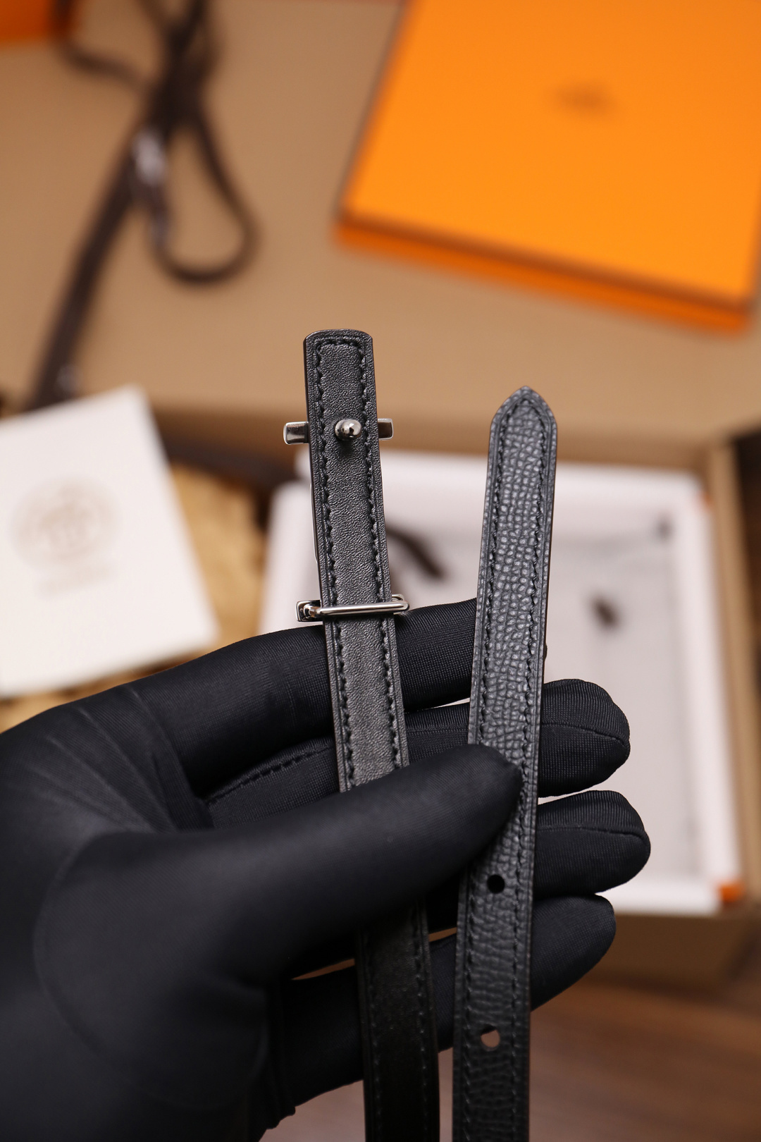 Hermes Roulis Slim Belt - Black Epsom Leather with Silver Buckle